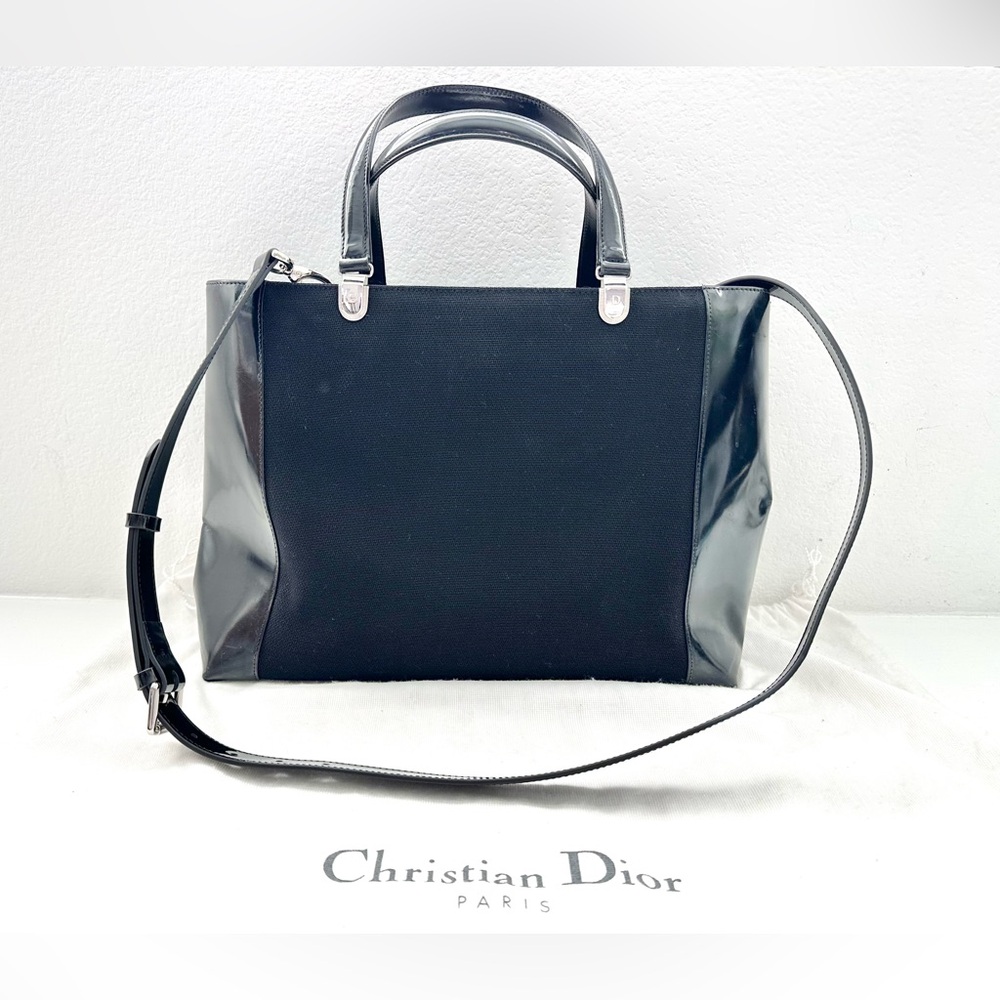 Auth CHRISTIAN DIOR Large Lady Vintage Canvas and Patent Leather Tote Bag - Picture 2 of 16